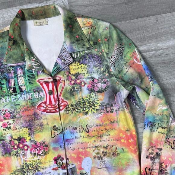 Whimsical Cafe Scene Print Jacket Lightweight Size Small Y2K Style - Picture 3 of 8